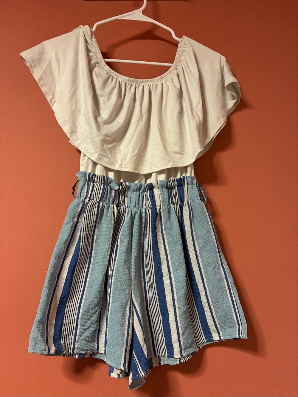 White Off-Shoulder Top with Blue Striped Skort